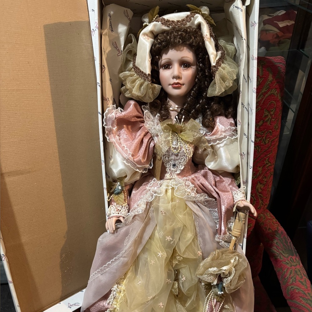 Heirloom Doll, Elegant Pink and Gold Victorian dress